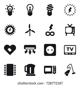 16 vector icon set : bulb, lightning, sun power, windmill, infinity power, tv, air conditioning, power socket, kettle, vacuum cleaner