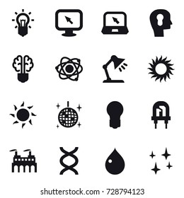 16 vector icon set : bulb, monitor arrow, notebook, bulb head, bulb brain, atom, table lamp, sun, disco ball, drop, shining