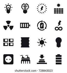 16 vector icon set : bulb, bulb brain, lightning, sun power, nuclear, battery, battery charge, infinity power, panel house, sun, power socket