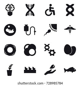 16 vector icon set : bulb brain, dna, lifebuoy, seedling, hand leaf, fish