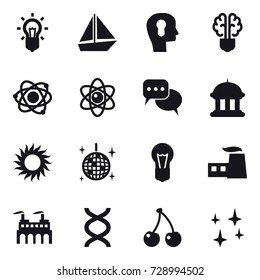 16 vector icon set : bulb, boat, bulb head, bulb brain, atom, discussion, goverment house, sun, disco ball, cherry, shining