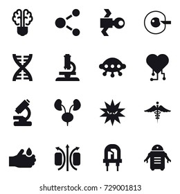16 vector icon set : bulb brain, molecule, satellite, cell corection, dna, microscope, ufo, cardio chip