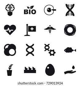 16 vector icon set : bulb brain, bio, cell corection, dna, lifebuoy, seedling, egg, hand and drop