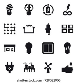 16 vector icon set : bulb, bulb brain, battery charge, infinity power, chip, electrostatic, spark plug, panel house, gas station, power switch, windmill, hand drop
