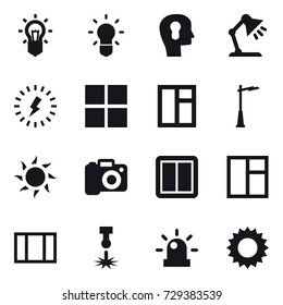 16 vector icon set : bulb, bulb head, table lamp, lightning, window, outdoor light, sun, camera, power switch