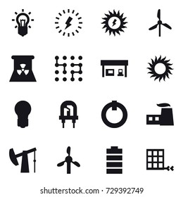 16 vector icon set : bulb, lightning, sun power, windmill, nuclear power, chip, gas station, sun