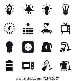 16 vector icon set : bulb, chip, lightning, sun power, electric car, tv, power socket, kettle, vacuum cleaner