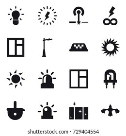 16 vector icon set : bulb, lightning, laser, infinity power, window, outdoor light, taxi, sun, alarm, clean  window, hard reach place cleaning