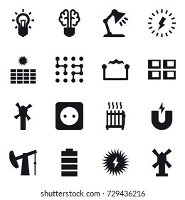 16 vector icon set : bulb, bulb brain, table lamp, lightning, sun power, chip, electrostatic, panel house, windmill, power socket, radiator