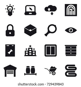 16 vector icon set : bulb, notebook, cloude service, fingerprint, lock, box, magnifier, hotel, power switch, chest of drawers, garage, wheelbarrow, stack of towels