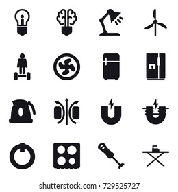 16 vector icon set : bulb, bulb brain, table lamp, windmill, hoverboard, cooler fan, fridge, kettle, iron board