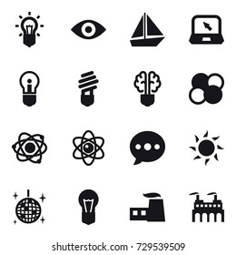 16 vector icon set : bulb, eye, boat, notebook, bulb brain, atom core, atom, ballon, sun, disco ball