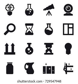 16 vector icon set : bulb brain, round flask, telescope, web cam, window, bulb, jug, clean  window, skyscrapers cleaning