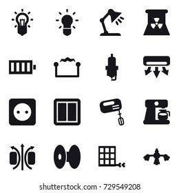 16 vector icon set : bulb, table lamp, nuclear power, battery, electrostatic, spark plug, air conditioning, power socket, power switch, mixer, coffee maker, hard reach place cleaning
