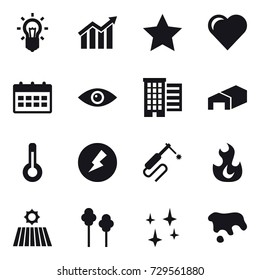 16 vector icon set : bulb, diagram, star, heart, calendar, houses, warehouse, thermometer, electricity, field, trees, shining, spot