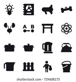 16 Vector Icon Set : Bulb, Annual Report, Megaphone, Bone, Stool, Pan, Kettle, Measuring Cup, Grain Elevator, Trash, Foam Bucket