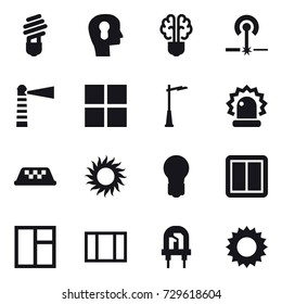 16 vector icon set : bulb, bulb head, bulb brain, laser, lighthouse, window, outdoor light, taxi, sun, power switch