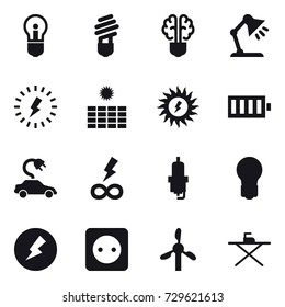 16 vector icon set : bulb, bulb brain, table lamp, lightning, sun power, battery, electric car, infinity power, spark plug, electricity, power socket, iron board