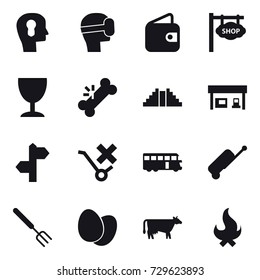 16 vector icon set : bulb head, virtual mask, wallet, shop signboard, wineglass, pyramid, gas station, bus, suitcase, big fork, cow, fire