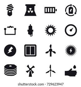 16 vector icon set : bulb, nuclear power, battery, battery charge, electrostatic, spark plug, sun, barometer, electricity, power switch, windmill, hand drop