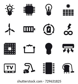 16 vector icon set : bulb, chip, sun power, windmill, battery, battery charge, infinity power, cpu, electrostatic, air conditioning, tv, vacuum cleaner