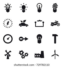 16 vector icon set : bulb, lightning, eco car, electrostatic, motorcycle, barometer, windmill, gears, factory