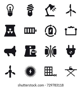 16 vector icon set : bulb, table lamp, windmill, nuclear power, battery, battery charge, electrostatic, megafon, coffee maker, iron board