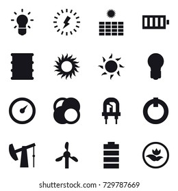 16 vector icon set : bulb, lightning, sun power, battery, sun, barometer, ecology