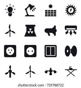 16 vector icon set : bulb, table lamp, sun power, windmill, nuclear power, megafon, air conditioning, power socket, power switch, hard reach place cleaning, iron board