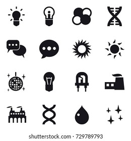 16 vector icon set : bulb, atom core, dna, discussion, ballon, sun, disco ball, drop, shining