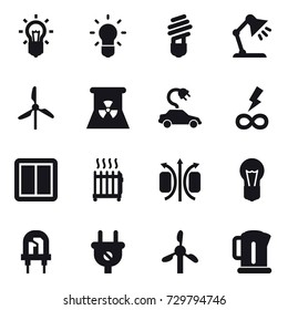 16 vector icon set : bulb, table lamp, windmill, nuclear power, electric car, infinity power, power switch, radiator, kettle
