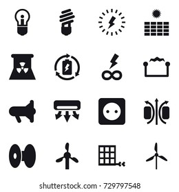 16 vector icon set : bulb, lightning, sun power, nuclear power, battery charge, infinity power, electrostatic, megafon, air conditioning, power socket, windmill
