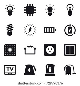 16 vector icon set : bulb, chip, lightning, battery, battery charge, cpu, electrostatic, power socket, power switch, tv, kettle, vacuum cleaner