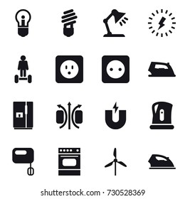 16 vector icon set : bulb, table lamp, lightning, hoverboard, power socket, iron, fridge, kettle, windmill