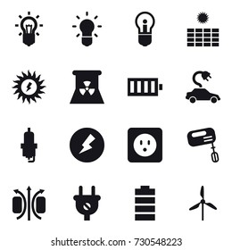 16 vector icon set : bulb, sun power, nuclear power, battery, electric car, spark plug, electricity, power socket, mixer, windmill