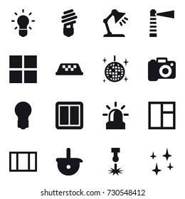16 vector icon set : bulb, table lamp, lighthouse, window, taxi, disco ball, camera, power switch, alarm, shining