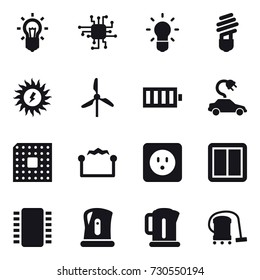 16 vector icon set : bulb, chip, sun power, windmill, battery, electric car, cpu, electrostatic, power socket, power switch, kettle, vacuum cleaner
