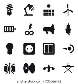 16 vector icon set : bulb, table lamp, sun power, windmill, battery, infinity power, megafon, spark plug, power socket, power switch, hard reach place cleaning, iron board