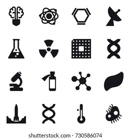 16 vector icon set : bulb brain, atom, hex molecule, satellite antenna, flask, nuclear, cpu, thermometer, microb