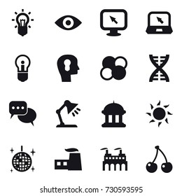 16 vector icon set : bulb, eye, monitor arrow, notebook, bulb head, atom core, dna, discussion, table lamp, goverment house, sun, disco ball, cherry