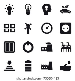 16 vector icon set : bulb, bulb head, eco car, panel house, windmill, barometer, power socket, power switch, factory, hand drop