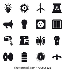 16 vector icon set : bulb, sun power, windmill, nuclear power, megafon, power socket, power switch, mixer, coffee maker, hard reach place cleaning