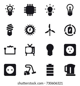 16 vector icon set : bulb, chip, sun power, windmill, battery charge, electrostatic, tv, power socket, vacuum cleaner, kettle