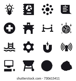 16 vector icon set : bulb, annual report, round around, shopping list, arch, vip fence, disco ball, pool, pile of garbage