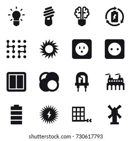 16 vector icon set : bulb, bulb brain, battery charge, chip, sun, power socket, power switch, windmill