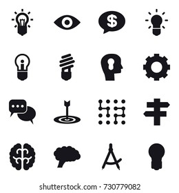 16 vector icon set : bulb, eye, money message, bulb head, gear, discussion, target, chip, singlepost, draw compass