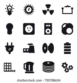 16 vector icon set : bulb, sun power, nuclear, electrostatic, power socket, speaker, kettle, gears
