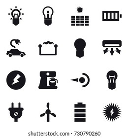 16 vector icon set : bulb, sun power, battery, electric car, electrostatic, air conditioning, electricity, coffee maker