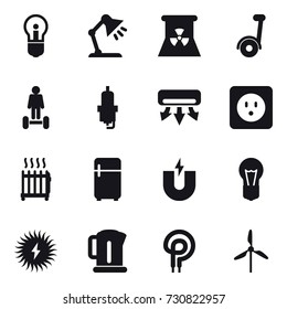 16 vector icon set : bulb, table lamp, nuclear power, segway, hoverboard, spark plug, air conditioning, power socket, radiator, fridge, kettle, windmill