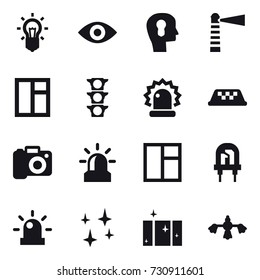 16 vector icon set : bulb, eye, bulb head, lighthouse, window, taxi, camera, alarm, shining, clean  window, hard reach place cleaning